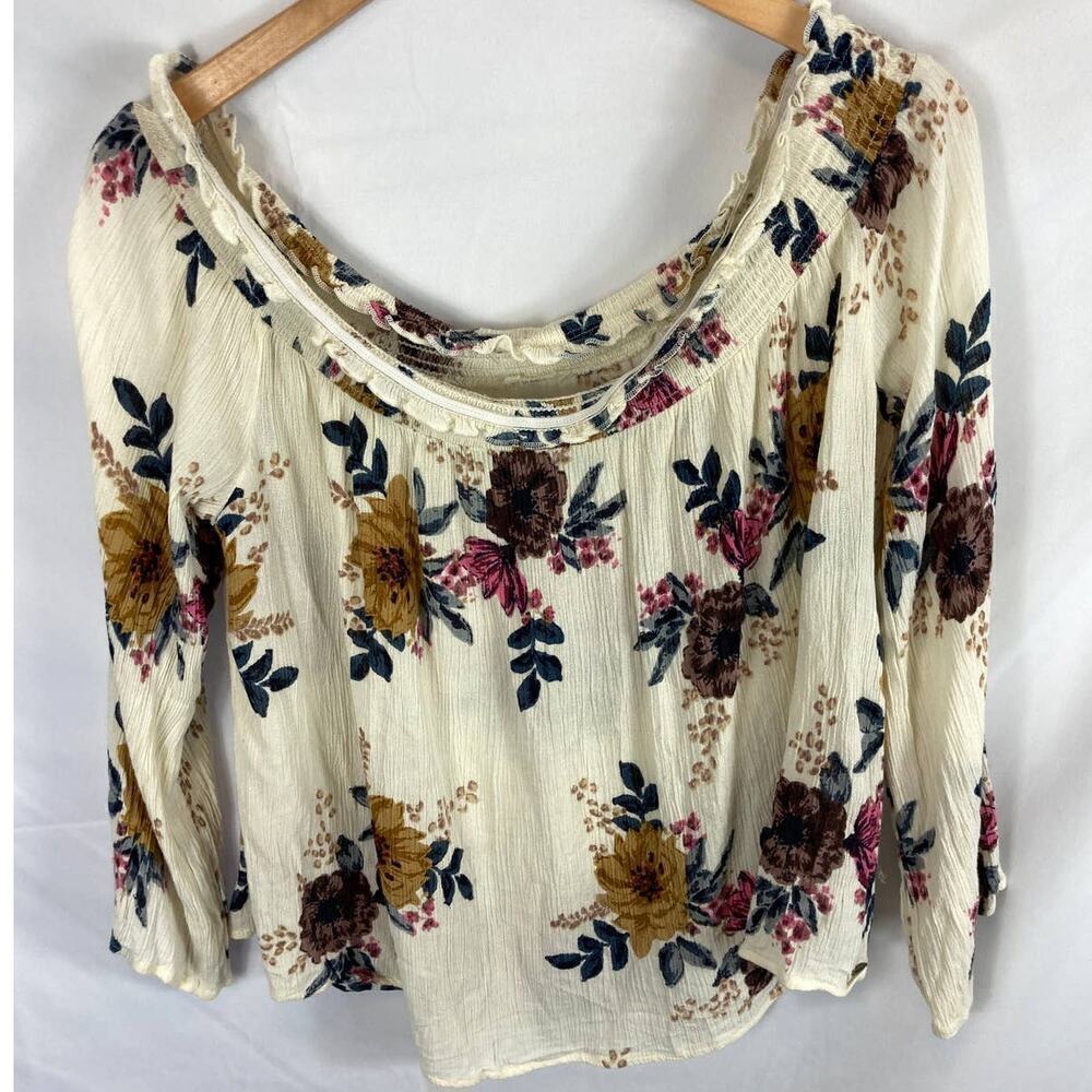 O'Neill Floral Off Shoulder Crinkle Top Ivory White Size Small